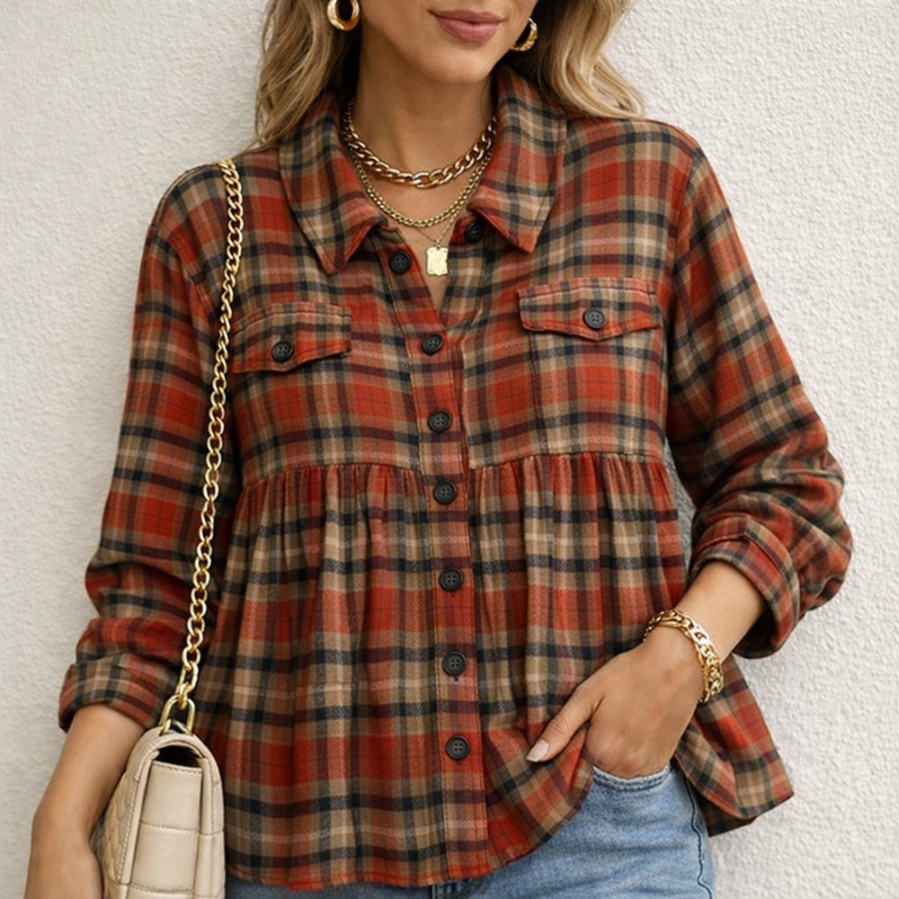Mystree Red and Brown Plaid Utility Shirt Jacket